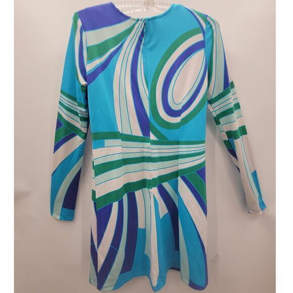 HP Julie Brown Blue Abstract Long Sleeve Stretchy Shift Dress 90s does 60s - Picture 3 of 16